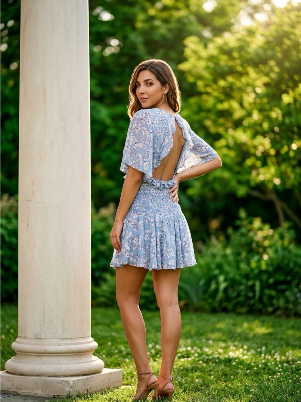 Fab-Rik Open-Back Floral Mini Dress in Light Blue